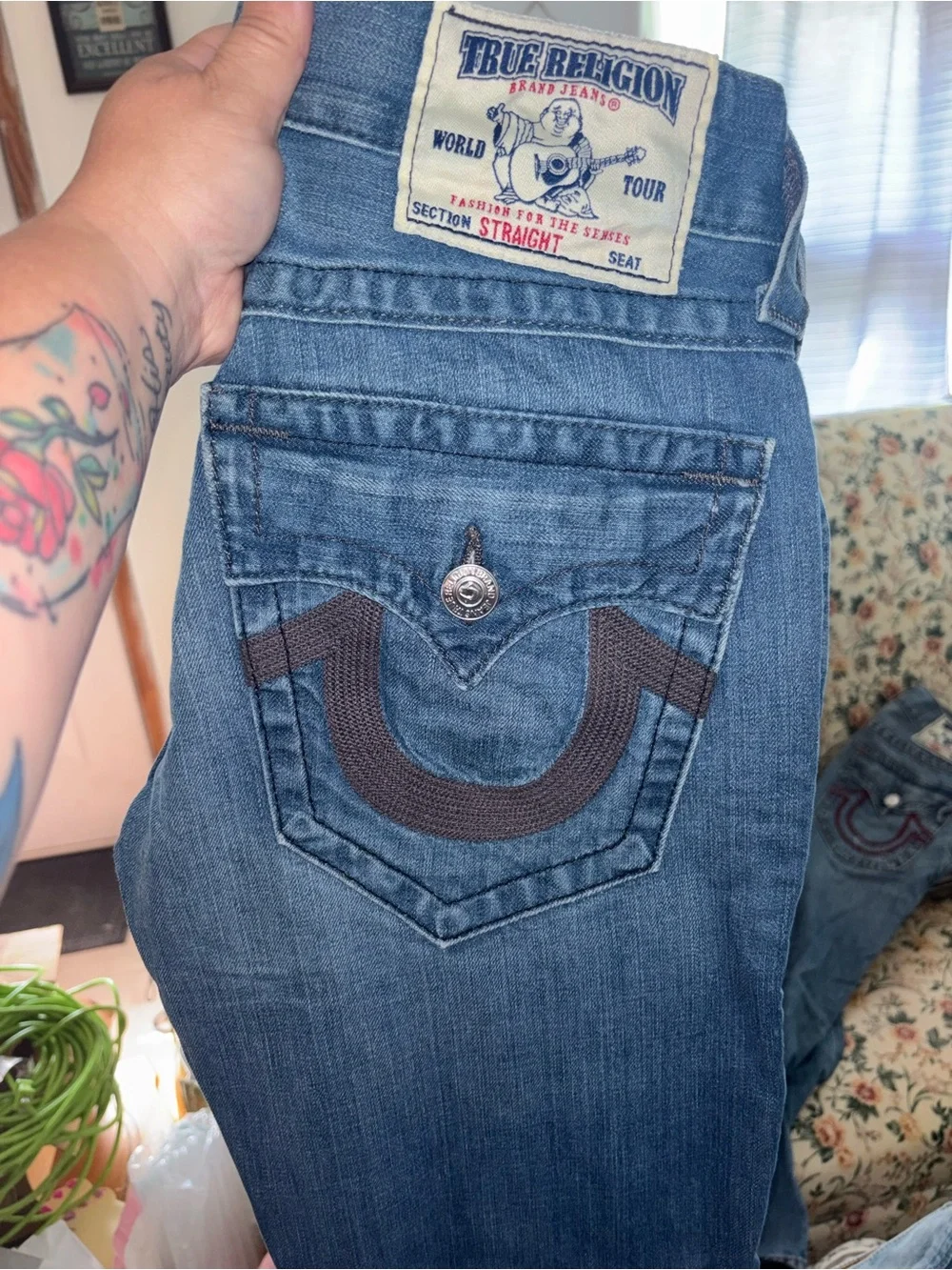 True Religion Men’s Straight Jeans in Medium Blue with Dark Embroidery